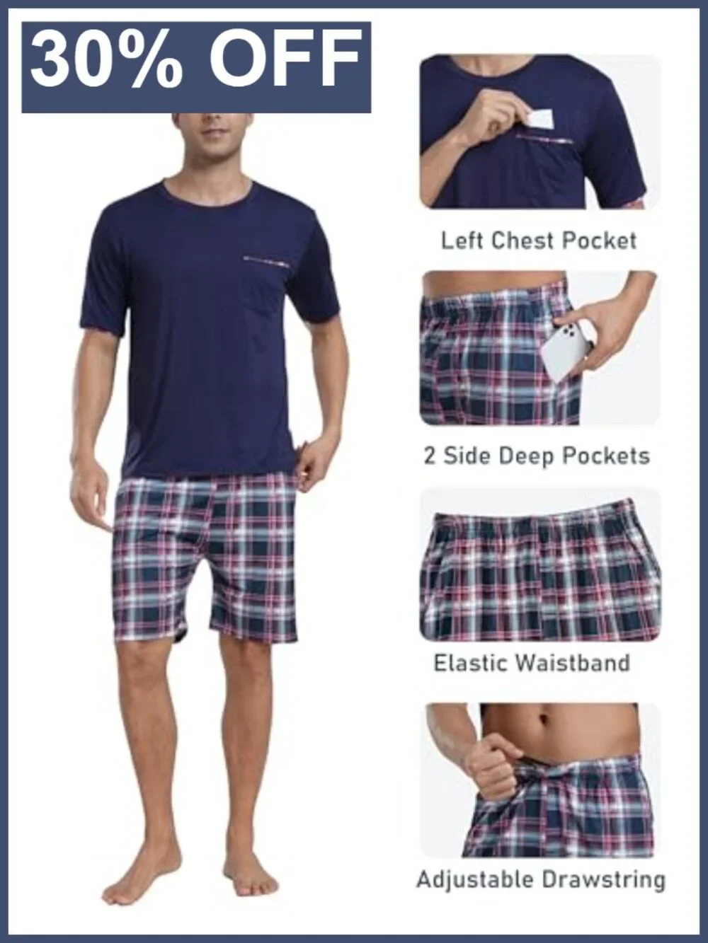 Men's Pajama Set Short Sleeve Shirt & Shorts Lightweight Soft Lounge Sleepwear